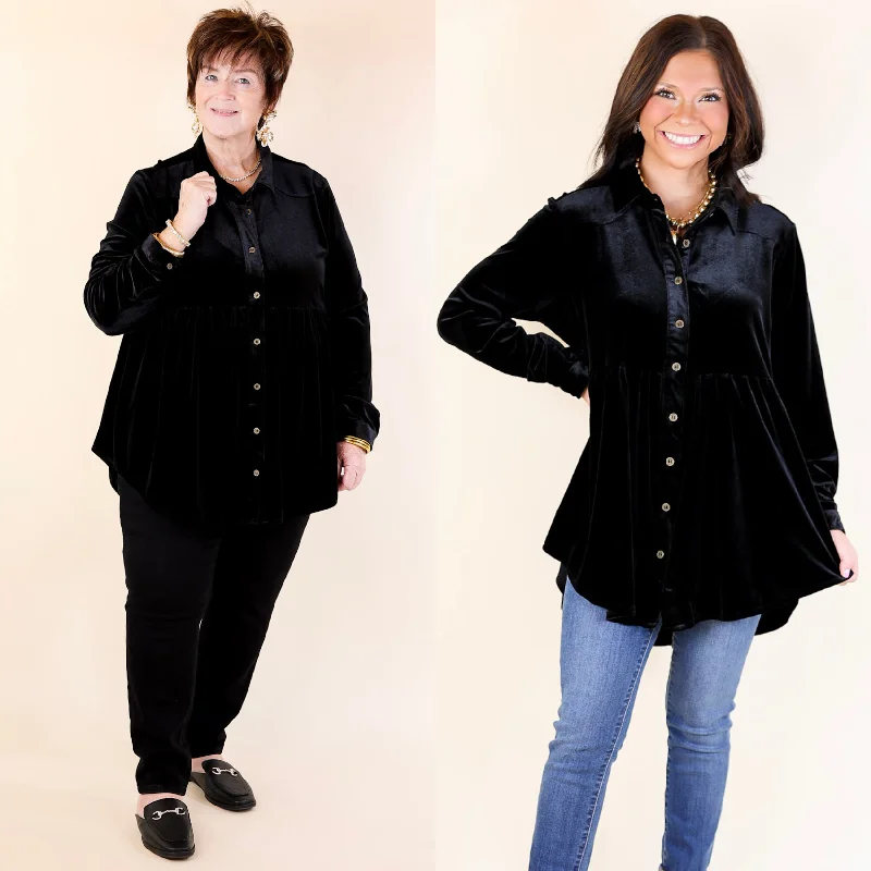 Women's Work Apparel Call Me Yours Button Up Velvet Long Sleeve Babydoll Tunic Top in Black