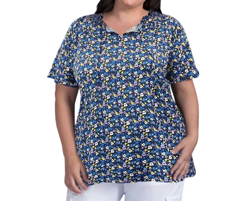 Early Bird Offer Printed Short Sleeve Ruffle And Tie Top - Plus In Blue Multi Floral