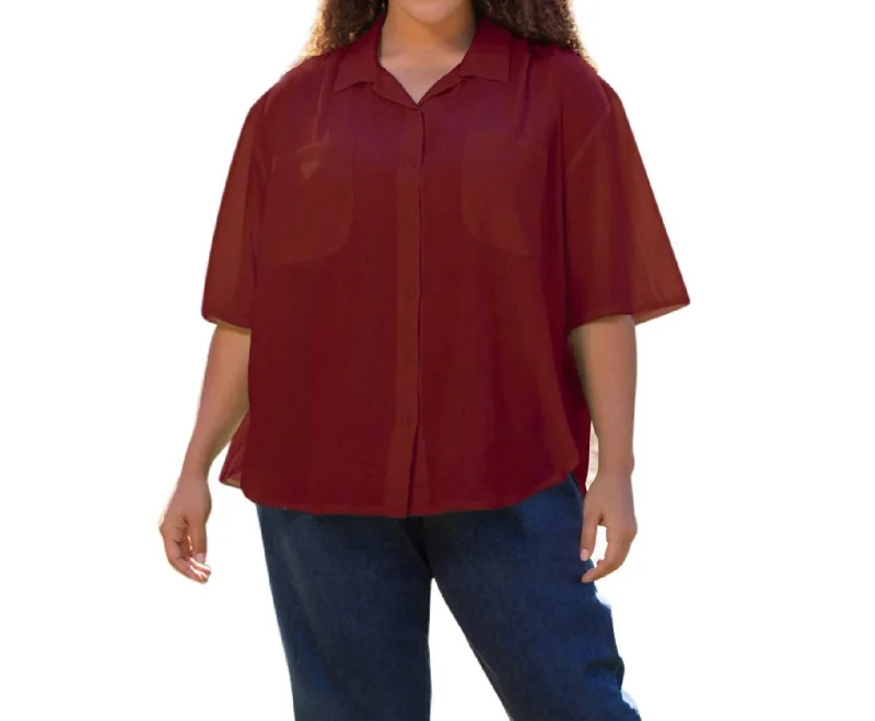 Clothing Sales Crinkle Cotton Short Sleeve Collar Shirt - Plus In Currant Red