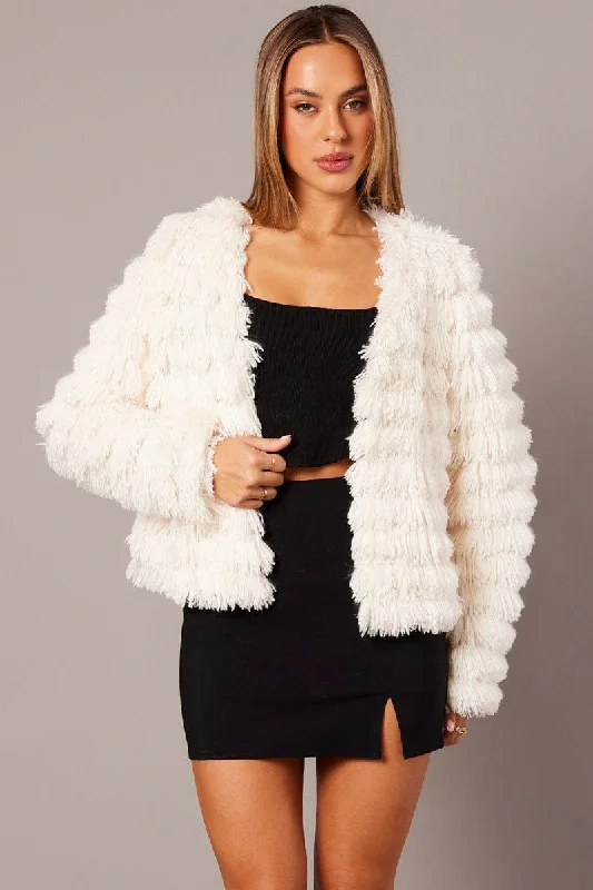 Vintage-Inspired Women's Apparel White Shag Faux Fur Jacket