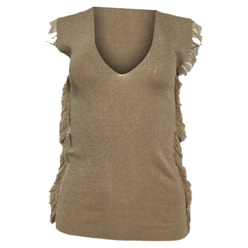 Stylish Women's Attire Brunello Cucinelli Side Fringe Scoop Neck Top in Beige Cashmere