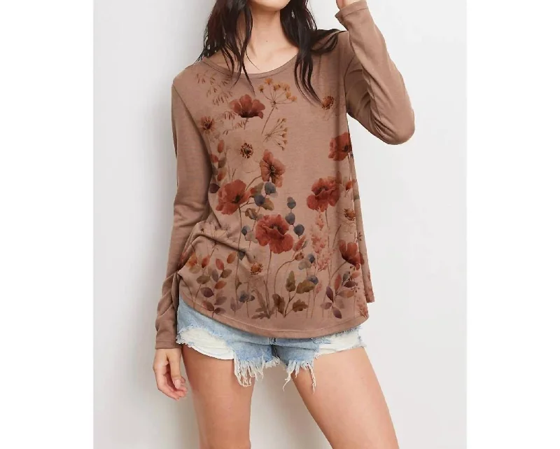 Women's Stylish Outdoor Outfit Flower Print Top In Mocha Mousse