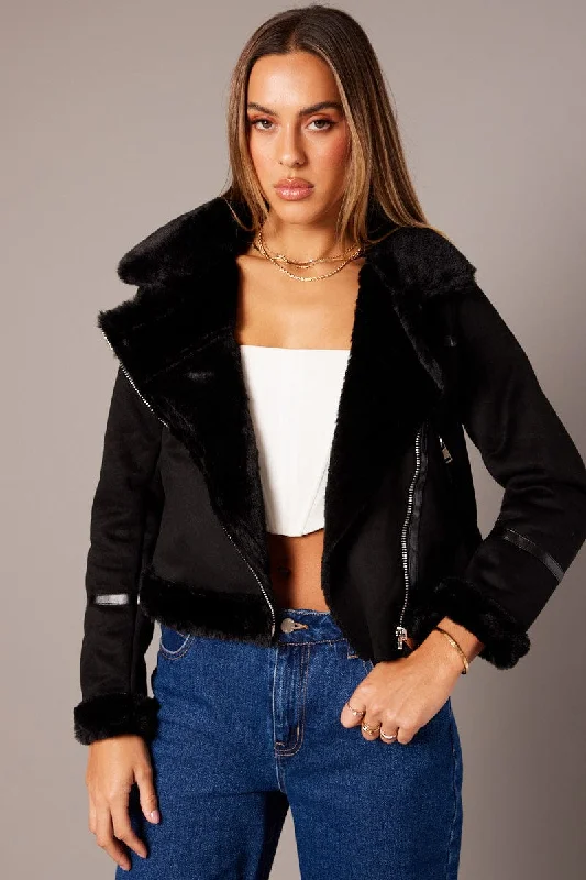 Plus-Size Women's Garments Black Aviator Jacket Long Sleeve Faux Leather