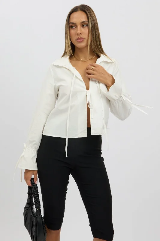 Trendy Women's Fashion White Tie Up Shirt Long Sleeve Peter Pan Collar