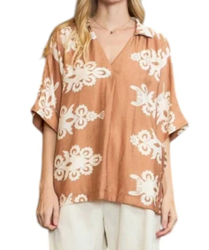 Casual Garments For Women Oversized Border Print Top In Mocha