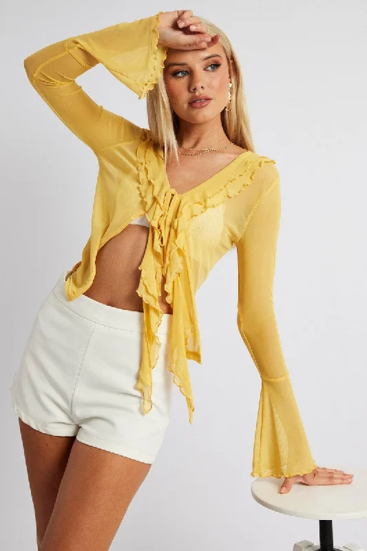 Women's Everyday Apparel Yellow Mesh Cardigan Long Sleeve