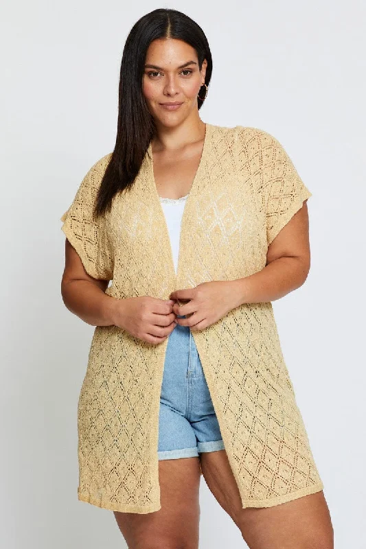 Women's Stylish Professional Apparel Beige Knit Cardigan Crochet Short Sleeve