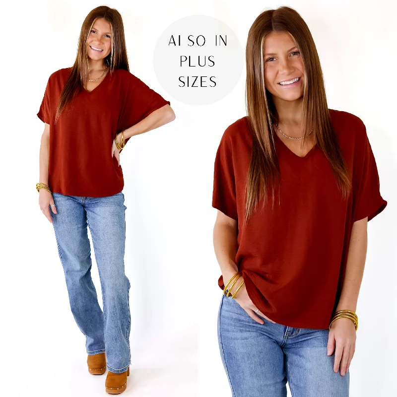 Elegant Women's Attire Last Chance Size Small | Lovely Dear V Neck Short Sleeve Solid Top in Rust Brown