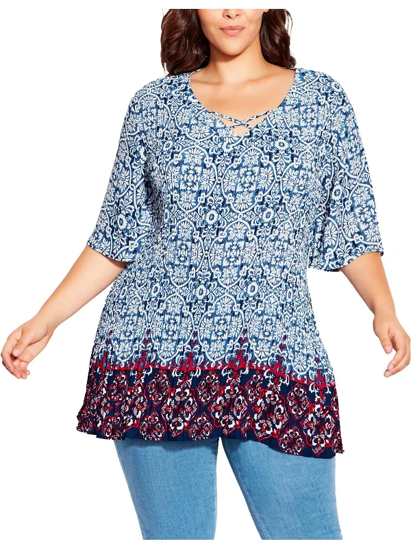 Women's Plus-Size Casual Outfit Womens Crinkled Printed Tunic Top