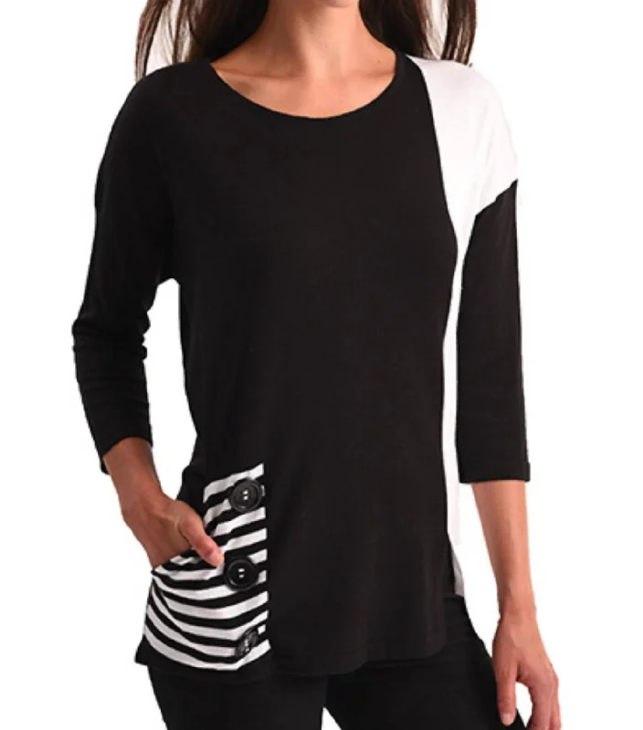 Women's Everyday Apparel Color-Block Pocket Tunic Top In Black/white