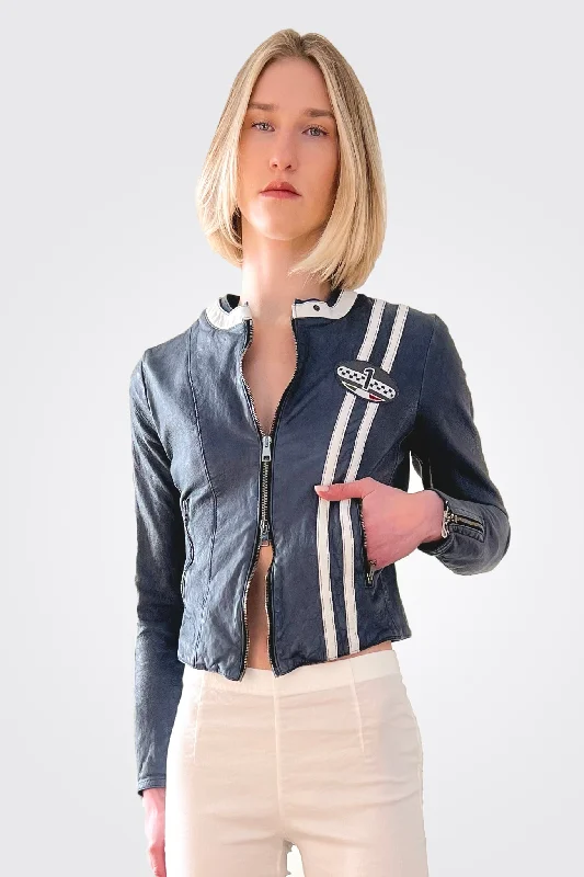 Women's Vintage-Inspired Outfit Striped Racer Leather Jacket - Navy