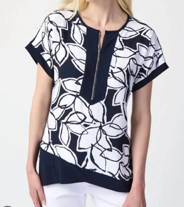 Vintage-Inspired Garments Leaf Print Top In Midnight Blue