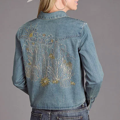 Women's Vintage Garments Stetson Women's L/S Embroidered Denim Crop Blouse in Light Wash