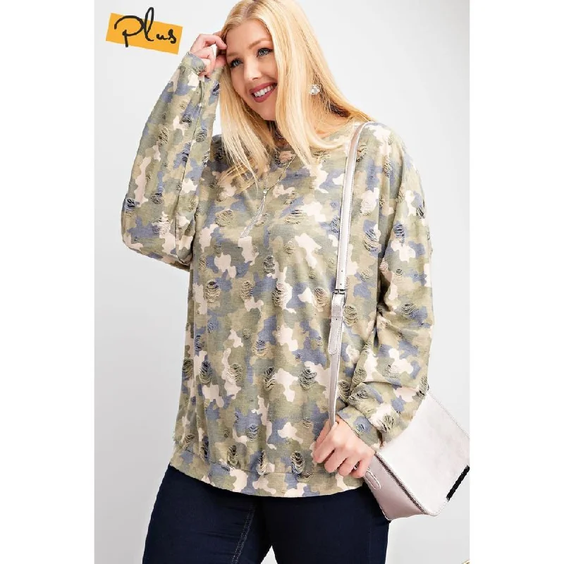 Women's Casual Attire Plus Size Long Sleeve Distressed Printed Rayon Pullover Top