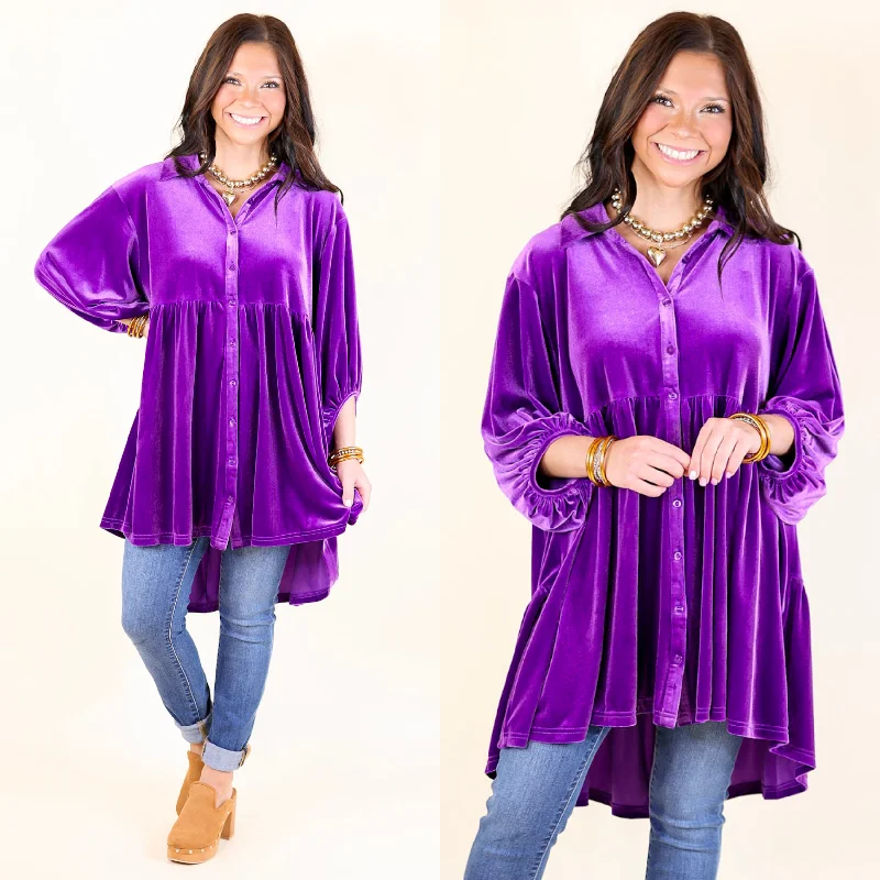 Women's Evening Apparel Love Link Button Up Velvet Half Sleeve Babydoll Tunic Top in Violet Purple