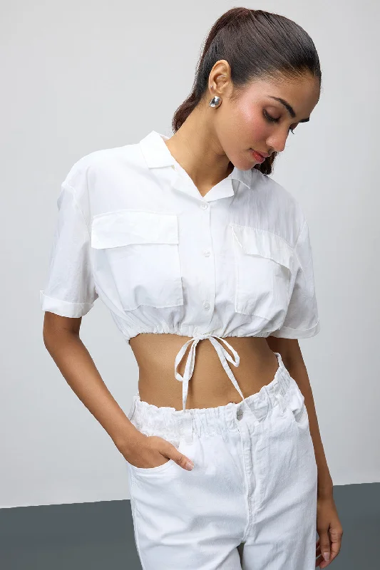 High End Fashion White Tie-Hem Crop Shirt