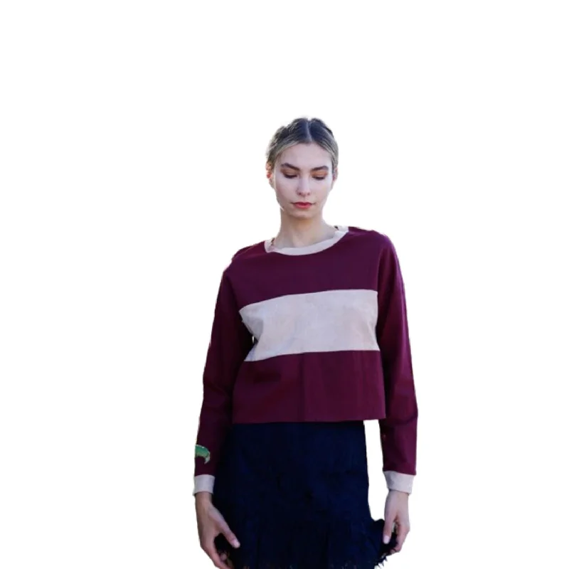 Women's Resort Apparel Burgundy Colorblock Long Sleeve Crop Top