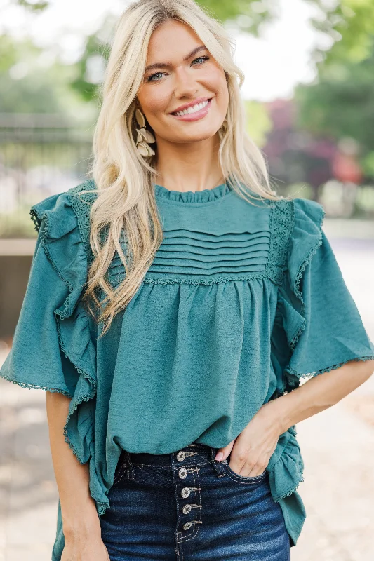 Casual and Comfortable Outfits Step It Up Emerald Green Ruffled Blouse