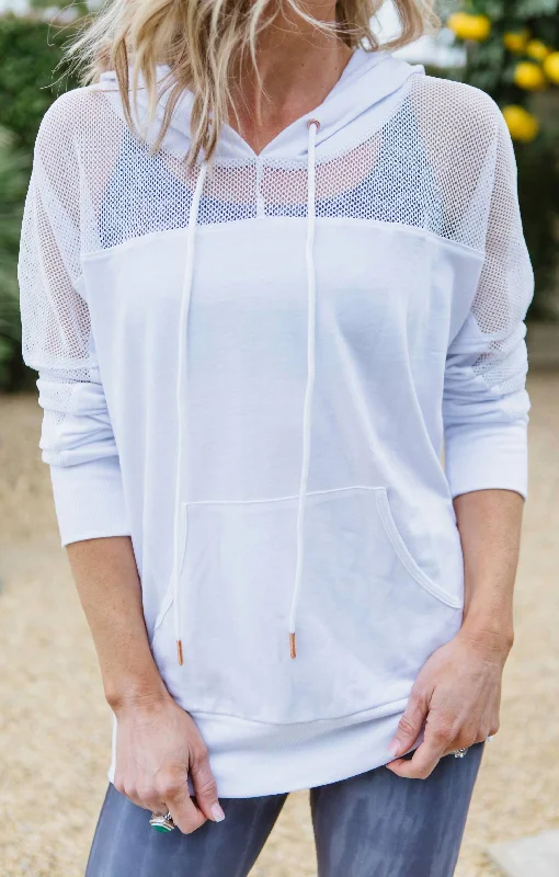 Eclectic Fashion Mesh Long Sleeve Hoodie In White