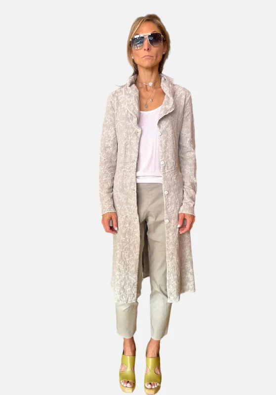 Comfortable Women's Apparel Long Floral Cotton Linen Jacquard Knitted Jacket - Light Grey