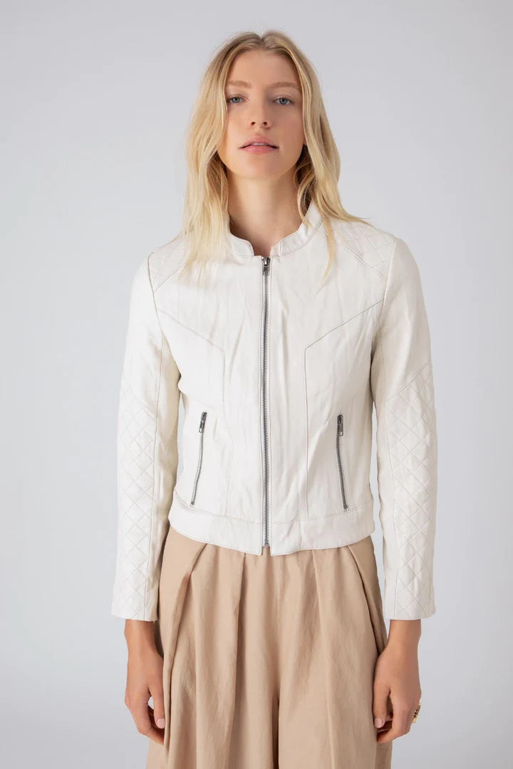 Women's Effortless Casual Outfit Quilted Washed Leather Jacket - Pearl