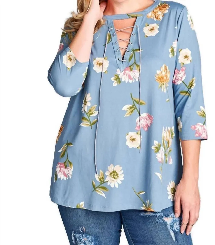 Exclusive Discount Lace Up Floral Brushed Knit Top In Dusty Blue