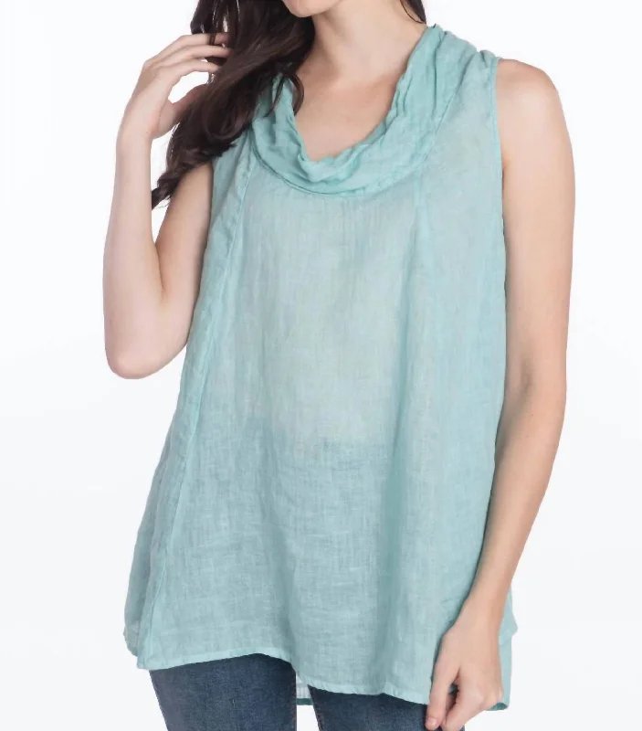 Casual Clothes For Women Sleeveless Cowl Neck Top In Aqua