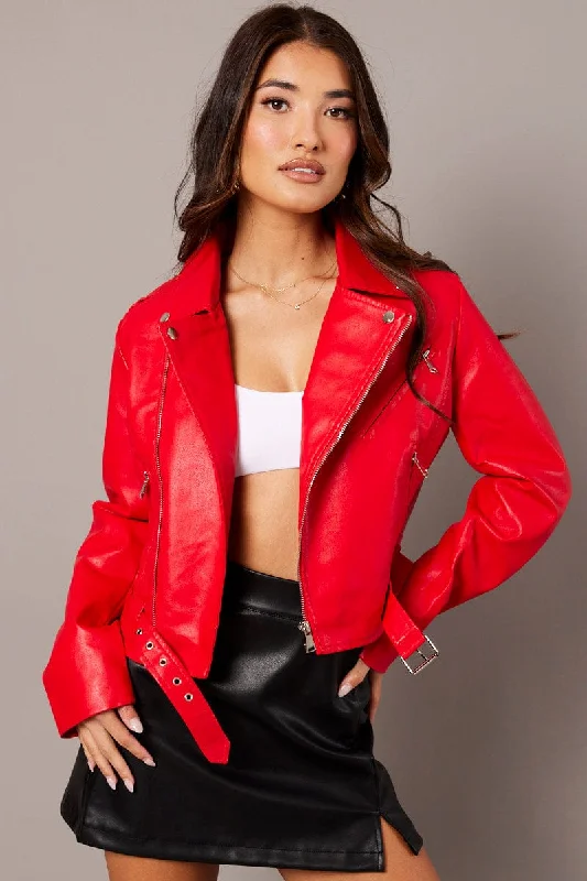 Women's Athletic Garments Red Faux Leather Biker Jacket Long Sleeves