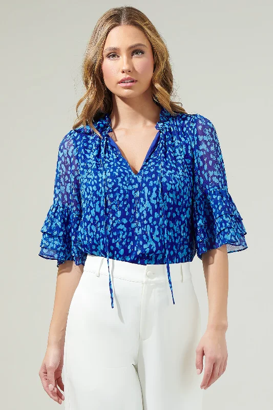 Best Online Clothing Boutiques Madeira Abstract Break Room Split Neck Ruffle Blouse