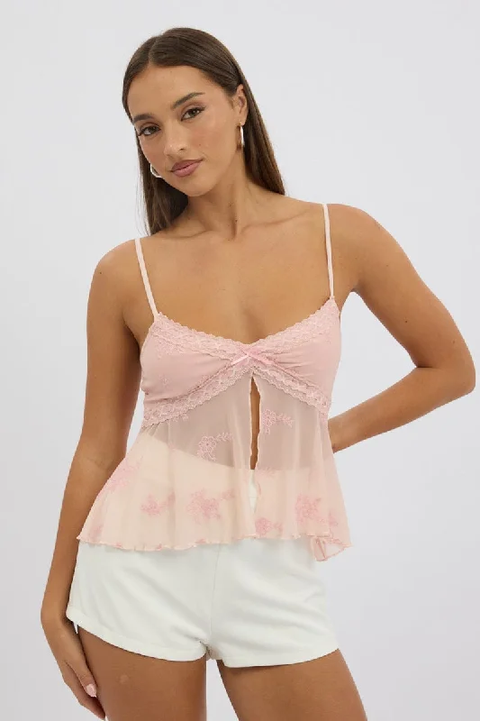 Women's Clothing Outfit Set Pink Cami Top Mesh