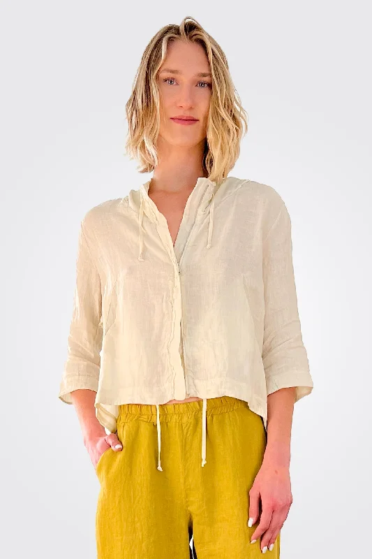 Women's Weekend Outfit Zipped Hooded Linen Jacket - Sand