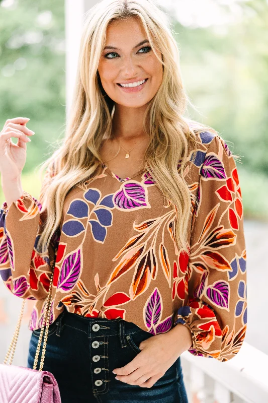 Online Clothing Stores It's All Love Camel Brown Floral Blouse