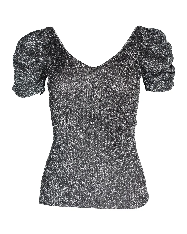 Women's Clothes for All-Day Comfort and Style Sandro Metallic Puffed-Sleeved Stretch-Knit Top In Silver Polyester