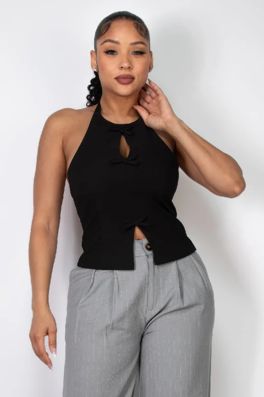 Relaxed Style Halter ribbon open-back crop top