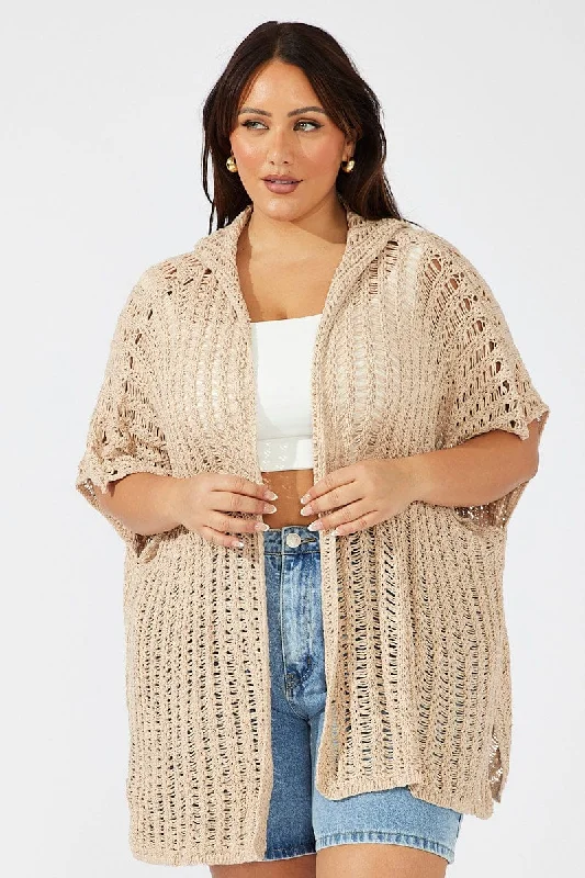 Hot Trends Beige Hooded Crochet Cardigan Short Sleeve