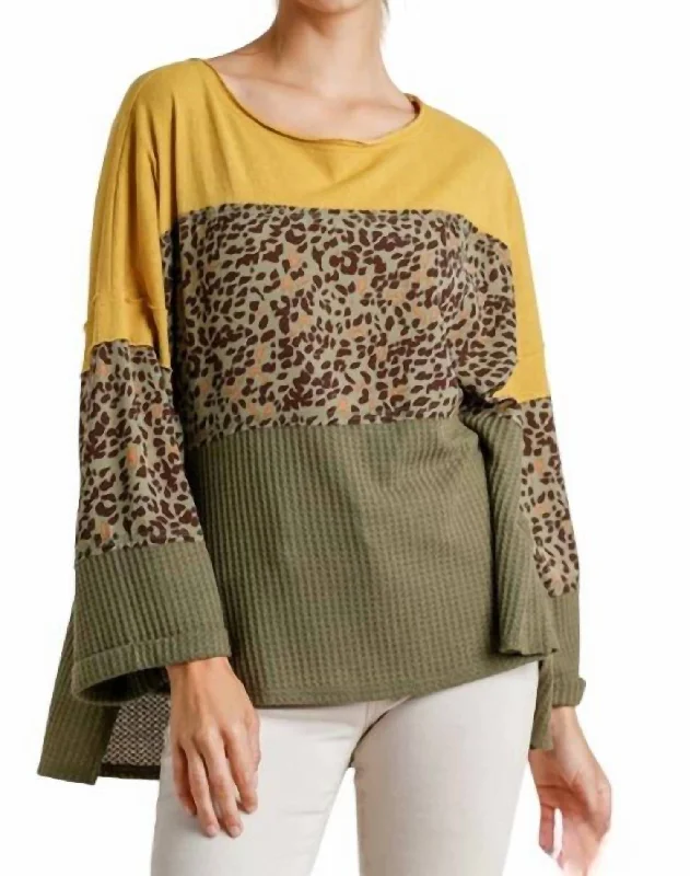 Clothing Store Color Block Waffle Knit Top In Olive