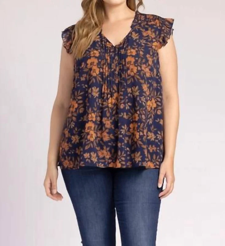 Women's Plus-Size Apparel Kamari Ruffle Sleeve Floral Top - Plus In Navy Multi