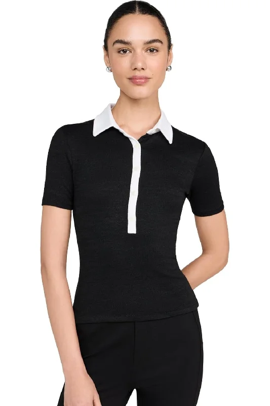 Online Boutiques Clothing rag & bone Women's The Knit Button Short Sleeve Polo, Black