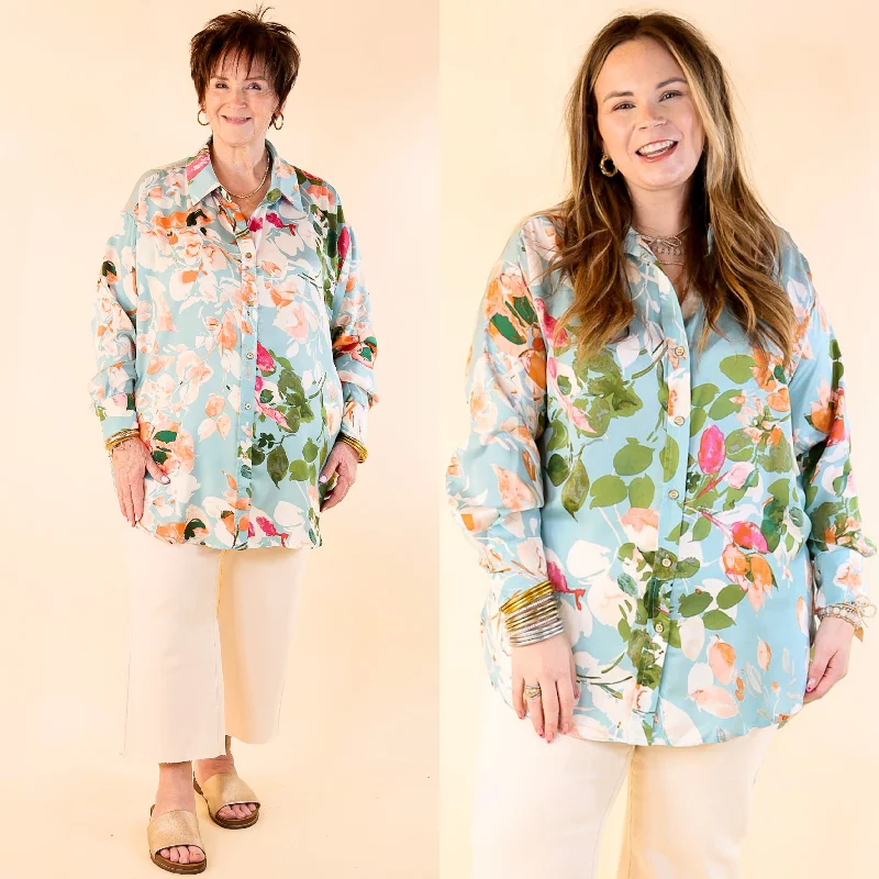 Classic Women's Fashion Tell Me Something Good Floral Long Sleeve Button Up Top in Light Blue