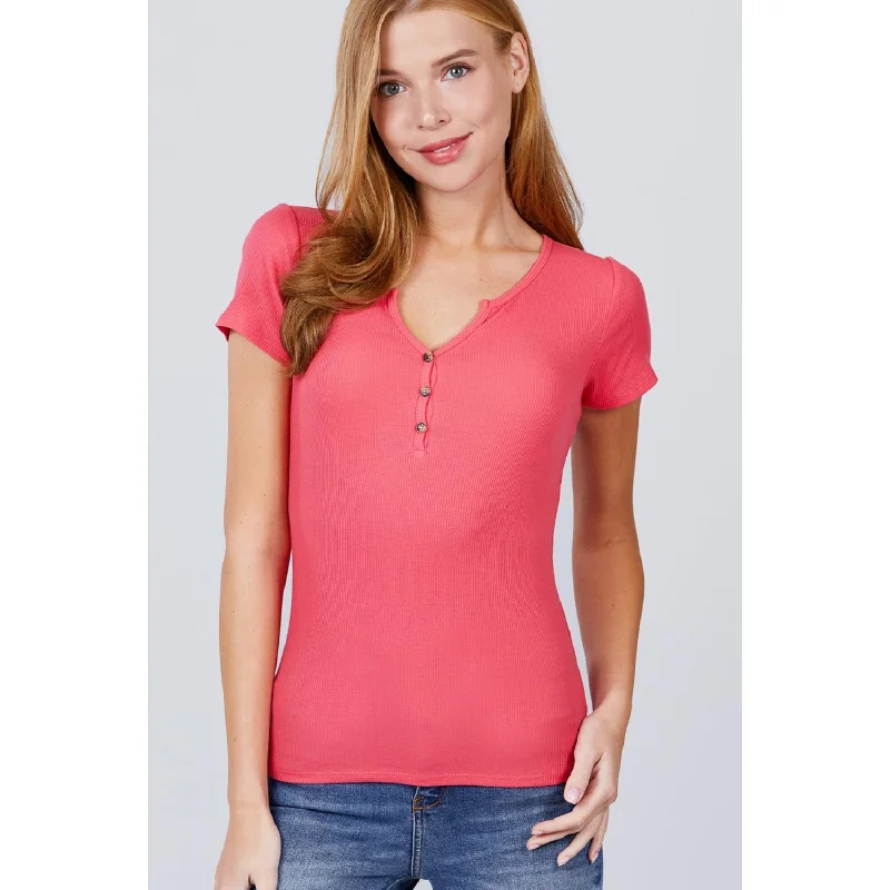 Latest Fashion for Women Short Sleeve W/button Detail Henley Neck Rib Knit Top