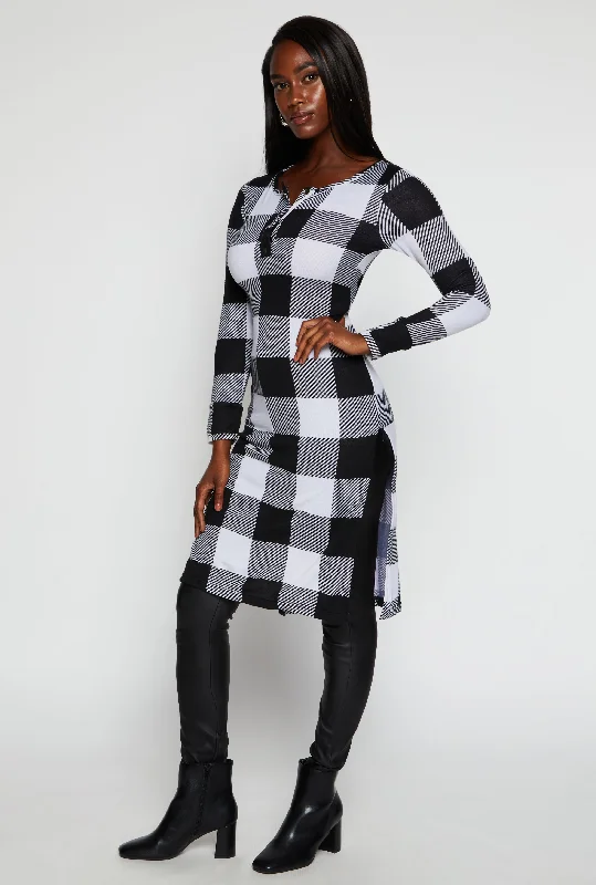 Women's Outdoor Attire Plaid Side Slit Long Sleeve Tunic Top