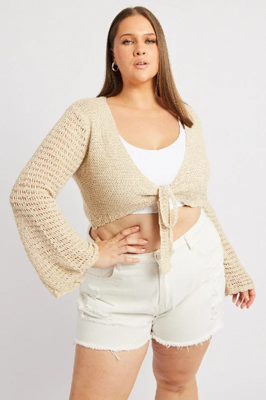 Trendy Fashion For Women Beige Crochet Cardigan Long Sleeve Tie Front Knit