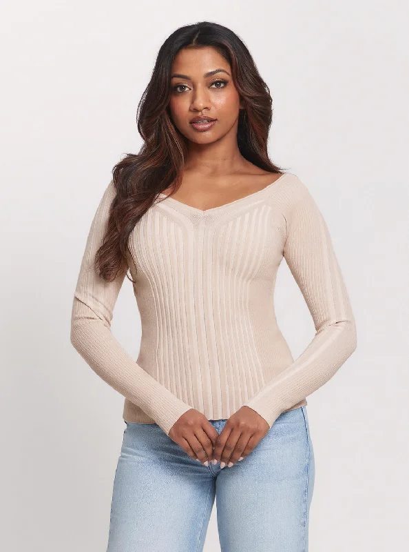 High-End Women's Apparel Beige Allie Long Sleeve Knit Top