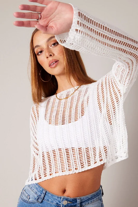 Women's Evening Wear for Special Occasions White Crochet Knit Top