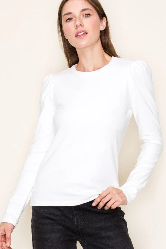 Women Clothes Soft Subtle Puff White Long Sleeve Top