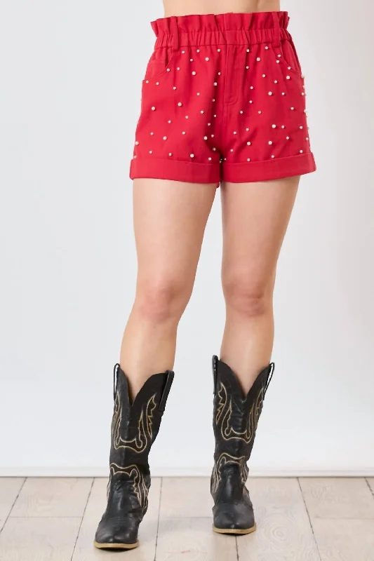 Casual Fashion Pearl Paper Bag Shorts In Red