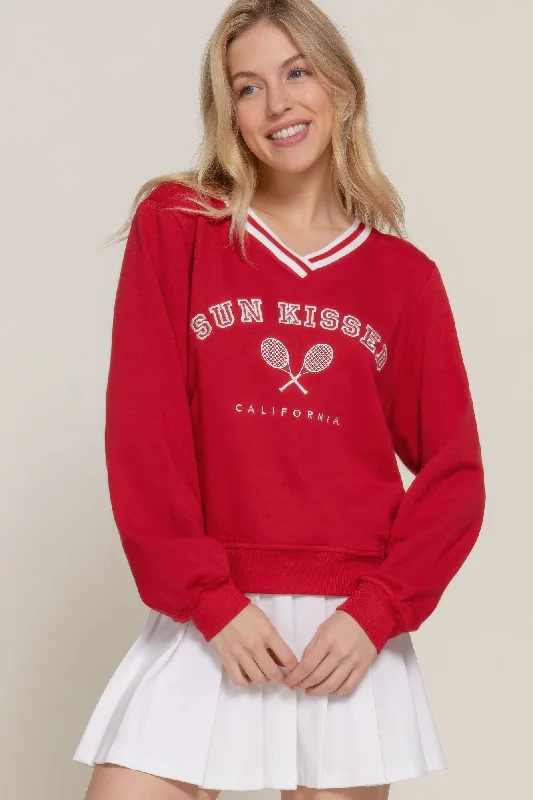 Women's Night-Out Outfit Long slv v-neck embroidered sweatshirt