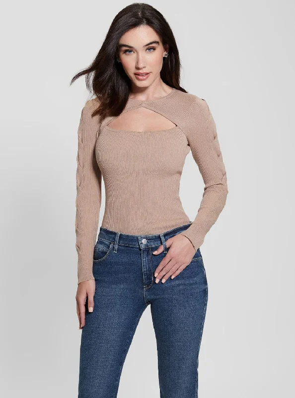 Modern Women's Wardrobe Essentials Beige Long Sleeve Sequin Knit Top