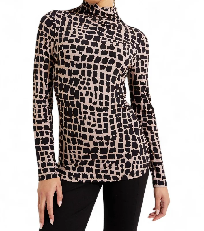 Women's Transitional Garments Mock Neck Animal Print Top In Black/latte