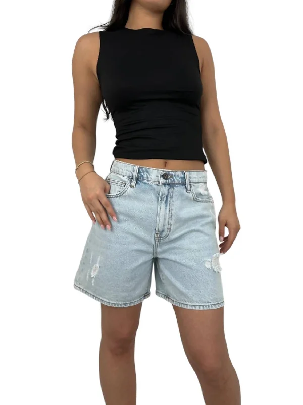 Eclectic Fashion Distressed Straight Leg Denim Shorts In Light Blue